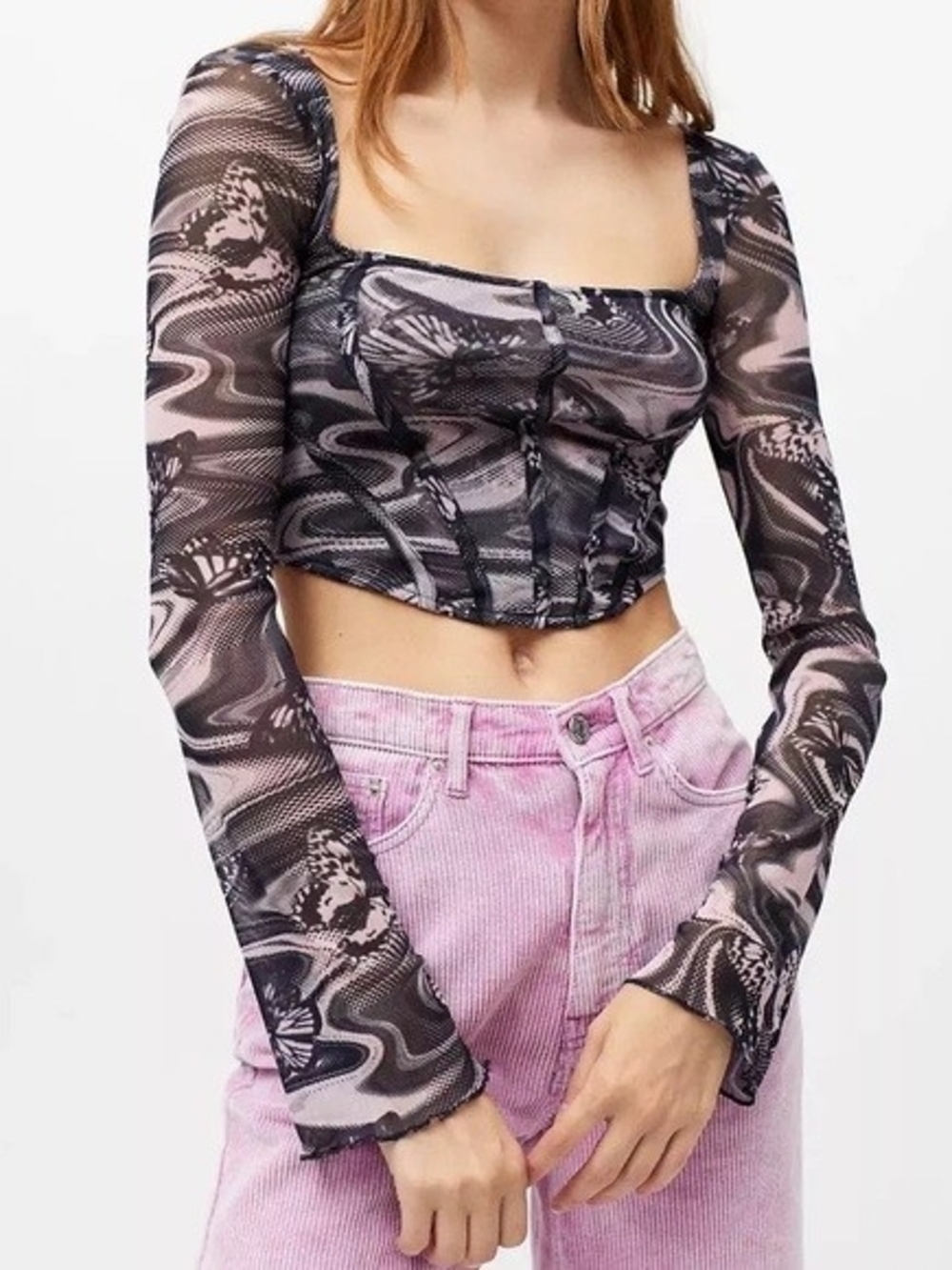 Urban Outfitters Black and Pink Mesh Square-Neck Crop Top